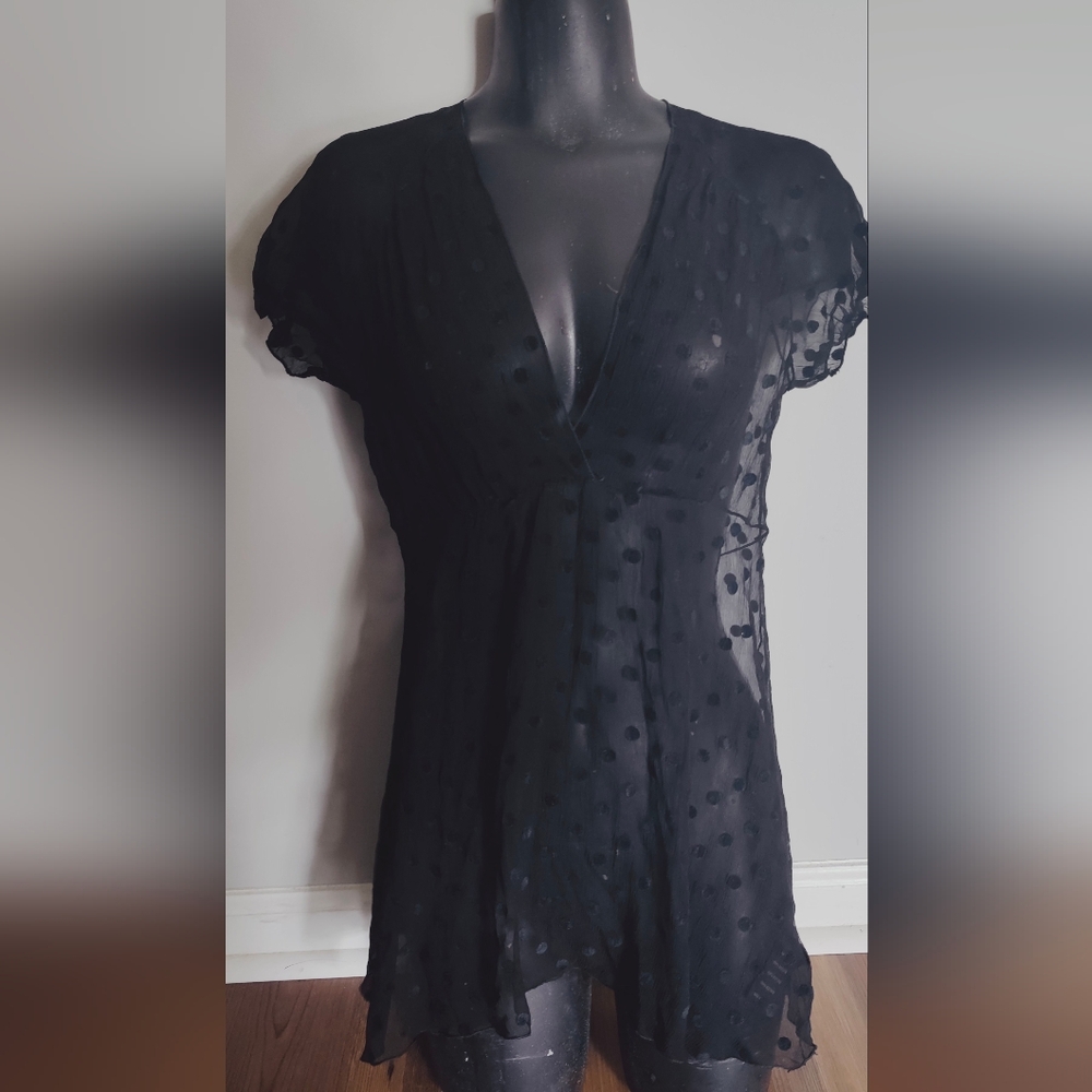 Rozae Nichols Sheer Black Mesh and Velvet Polka Dot Dress Blouse Size Petite